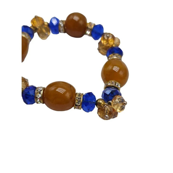 Blue Orange Crystal Orange Polished Tourmaline Beaded Stretchy Bracelet Vintage - Picture 3 of 4